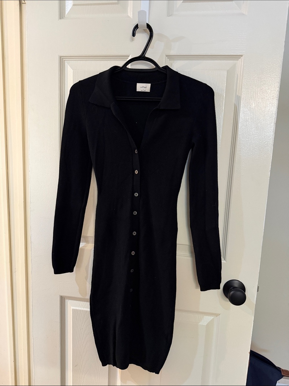 Aritzia Black Long-Sleeve Button-Front Collared Knit Dress